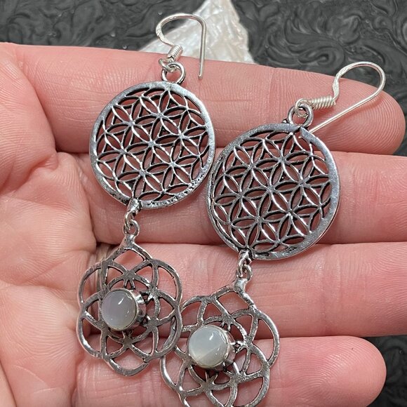 Moonstone Flower Seed of Life Sacred Geometry Earrings - Picture 4 of 6